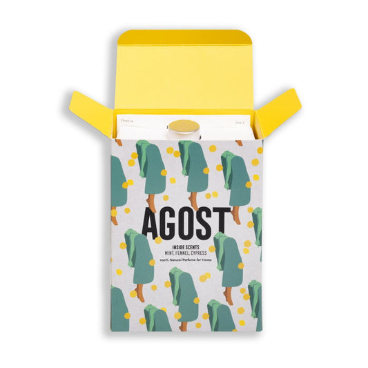 Estuche del perfume Bravanariz Agost, colonia natural mediterránea con menta, hinojo y ciprés.