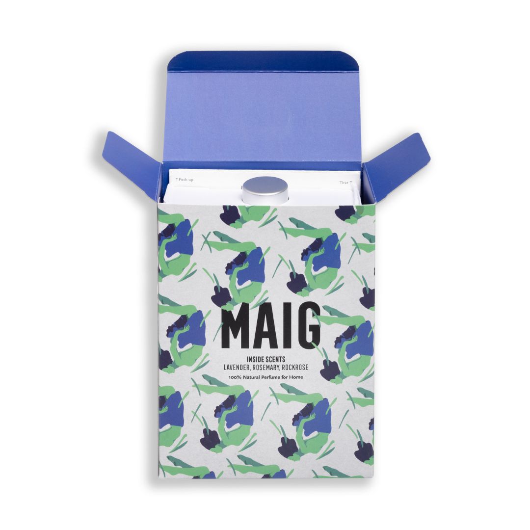 Estuche del perfume Bravanariz Maig, colonia botánica artesanal con lavanda, romero y labdanum