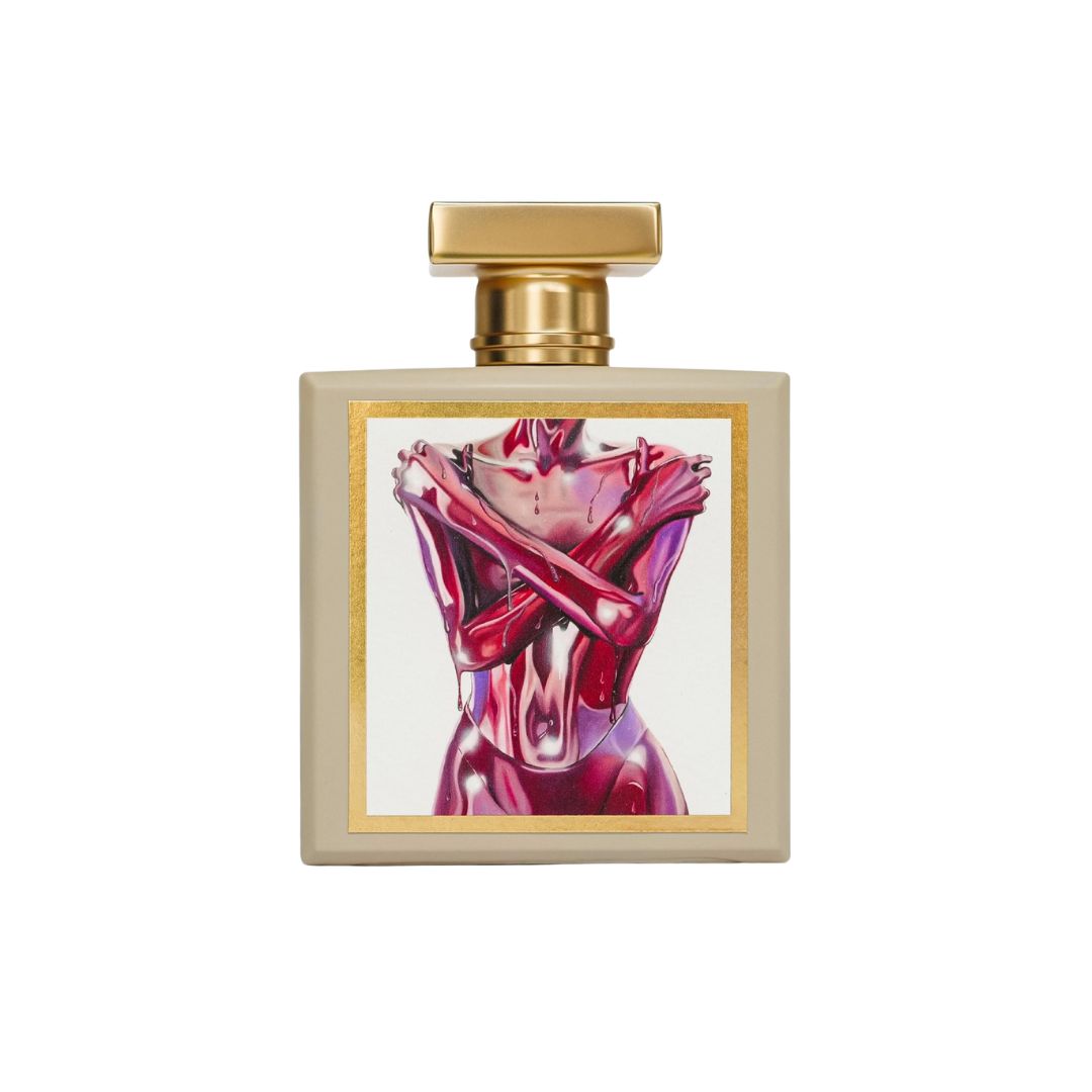 Botella de perfume The Architect of Sens de L’Art Vévien, edición artística con ilustración de torso rojo metálico.