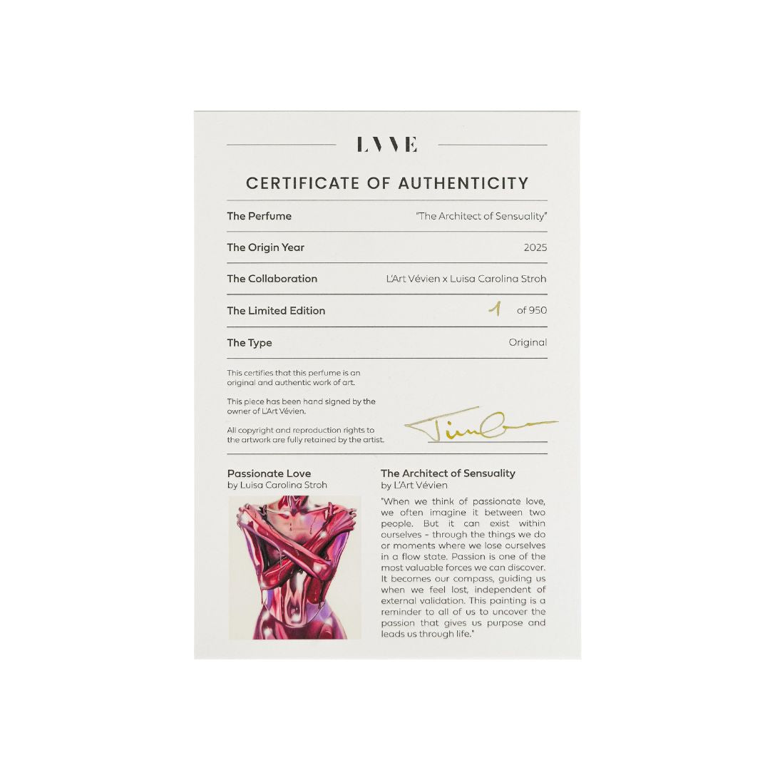 Certificado de autenticidad del perfume The Architect of Sensuality de L’Art Vévien, edición limitada a 950 piezas.