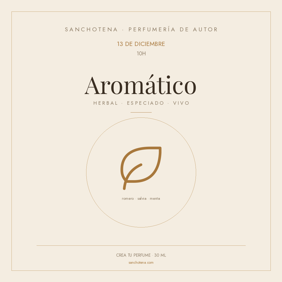 Taller de perfumería familia aromática del 13 de diciembre a las 10h en Perfumería Sanchotena, con ilustración de una hoja