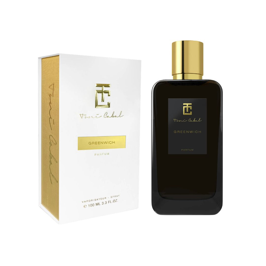 Caja y frasco del perfume Toni Cabal Greenwich Parfum con diseño elegante en negro, blanco y detalles dorados.