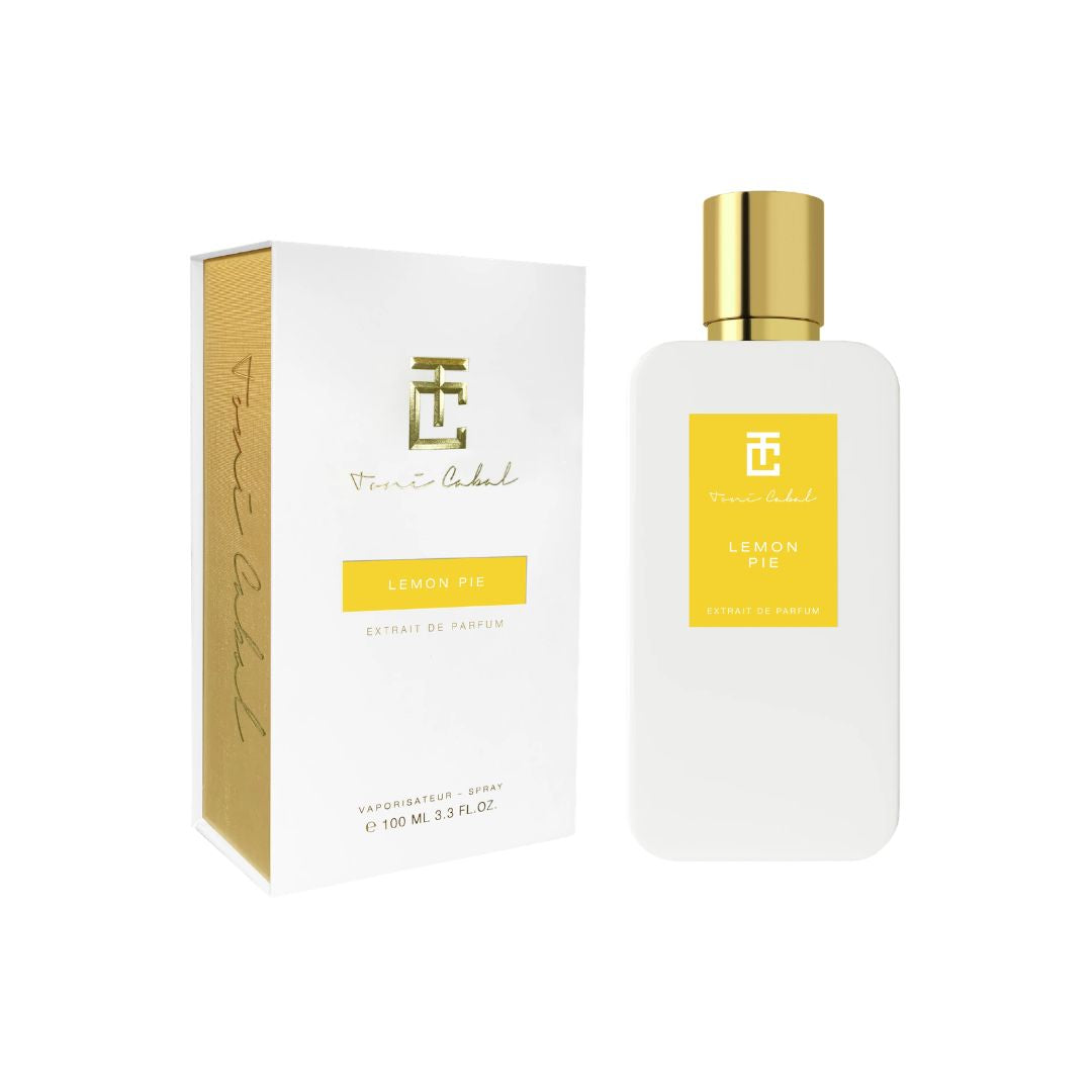 Caja y frasco del perfume Toni Cabal Lemon Pie Extrait de Parfum con diseño elegante en blanco y dorado.