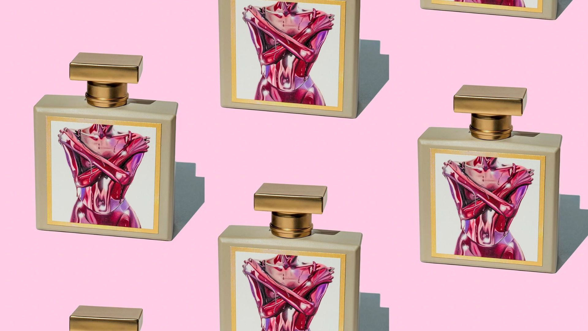 Perfume The Architect of Sens de L’Art Vévien, edición limitada, botellas artísticas sobre fondo rosa.