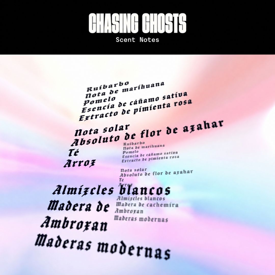 Notas olfativas de Chasing Ghosts: ruibarbo, canamo, pomelo, flor de azahar, te, arroz, almizcles blancos y maderas modernas