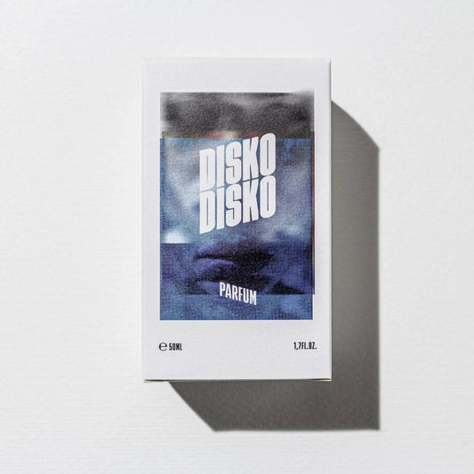 Estuche de Disko Disko en tonos azul noche con diseno grafico abstracto