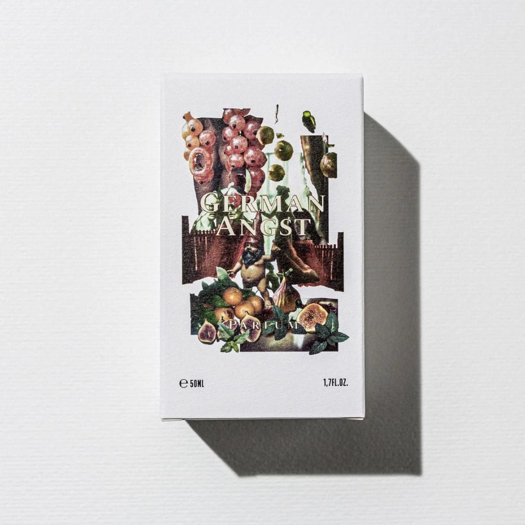 Estuche de German Angst con collage de frutas (higos, uvas) y motivos vegetales
