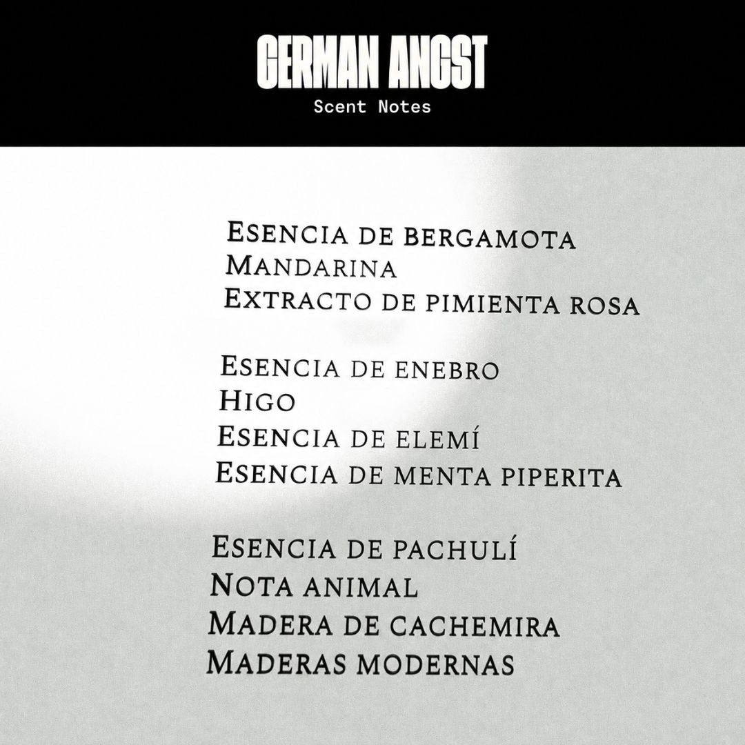 Notas olfativas de German Angst: bergamota, enebro, higo, pachuli, nota animal y maderas de cachemira
