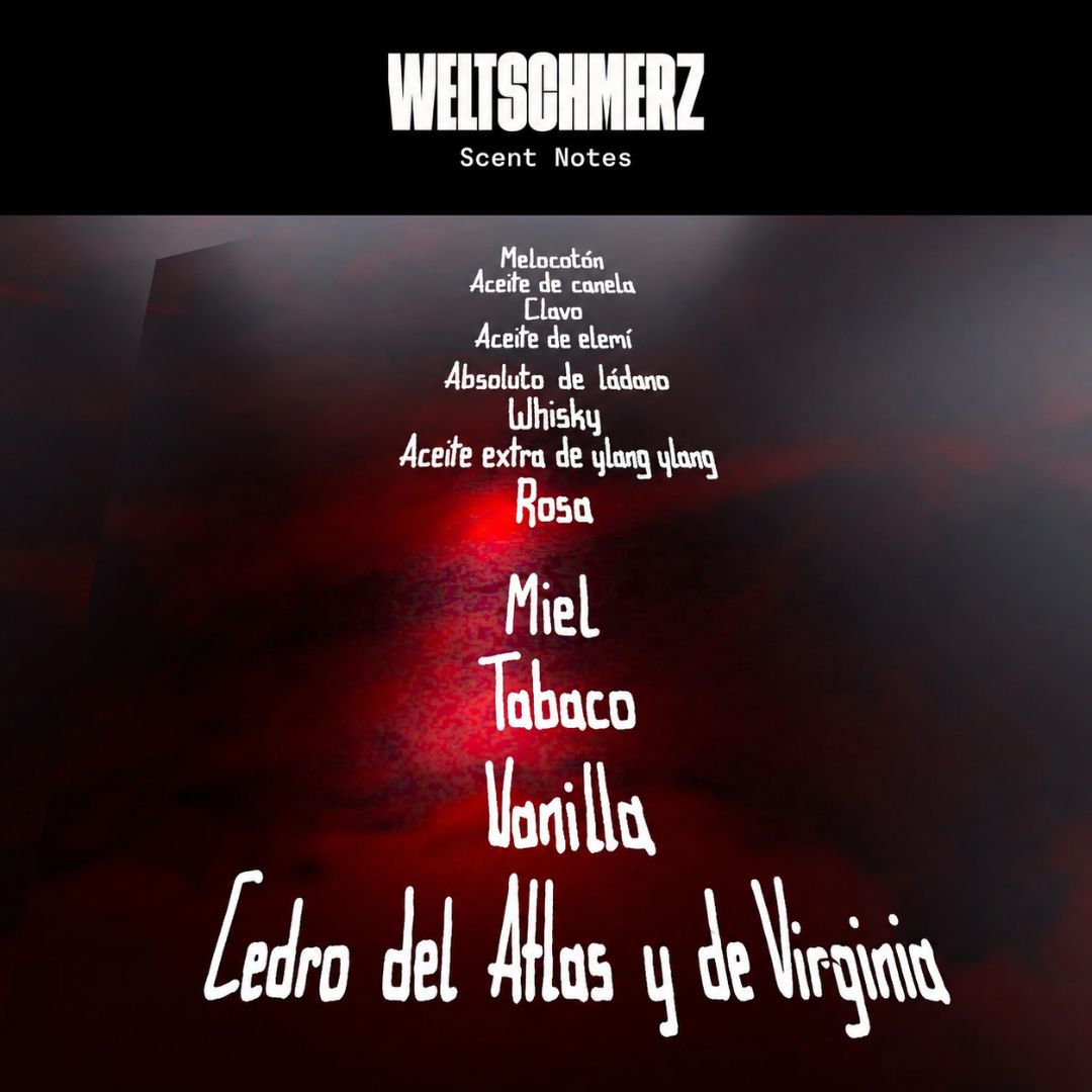 Notas olfativas de Weltschmerz: melocoton, canela, clavo, elemi, ladano, whisky, ylang ylang, rosa, miel, tabaco, vainilla y cedro
