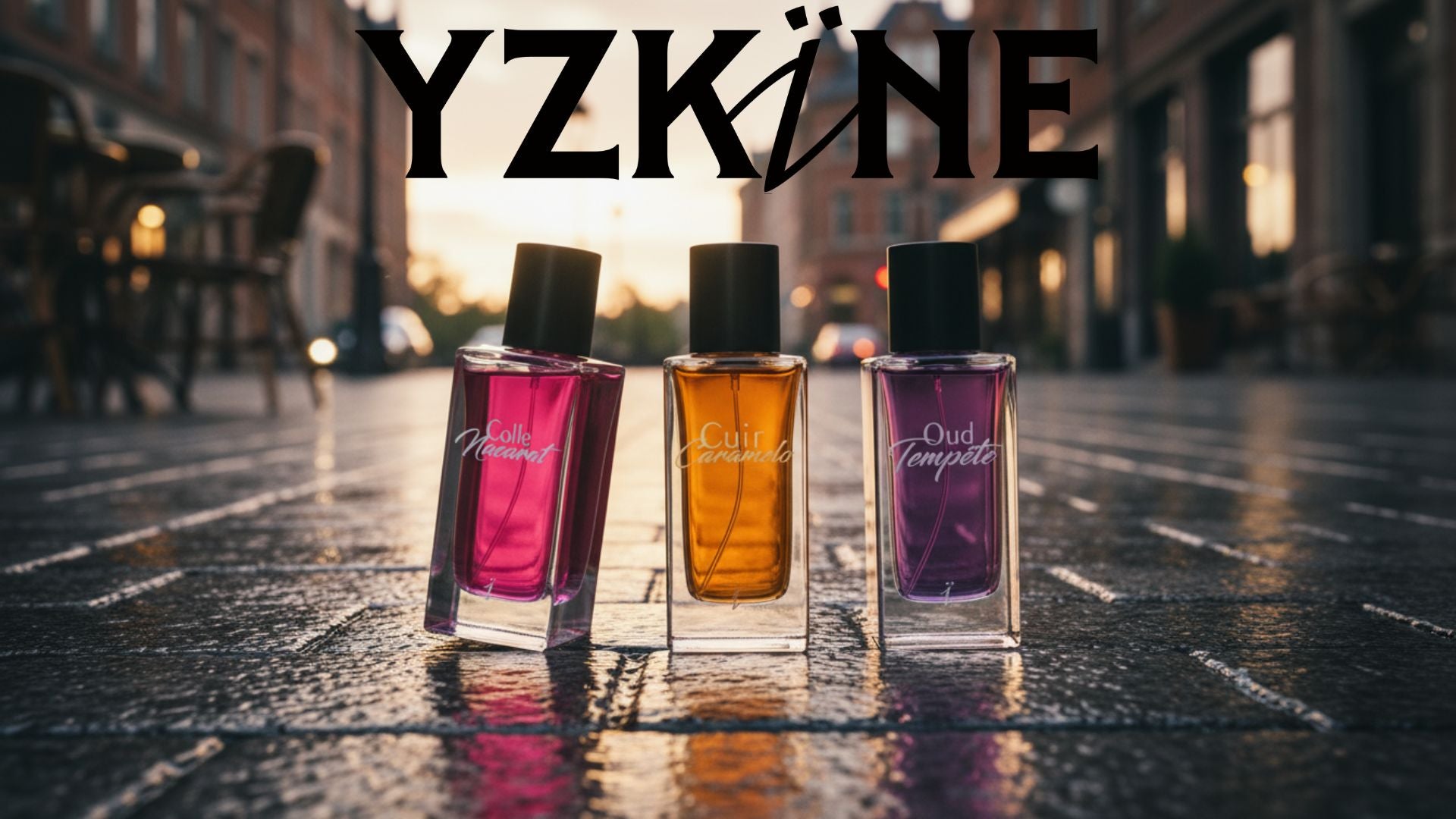 Banner de la colección Yzkine con los perfumes Colle Nacarat, Cuir Caramelo y Oud Tempète sobre una calle urbana al atardecer.