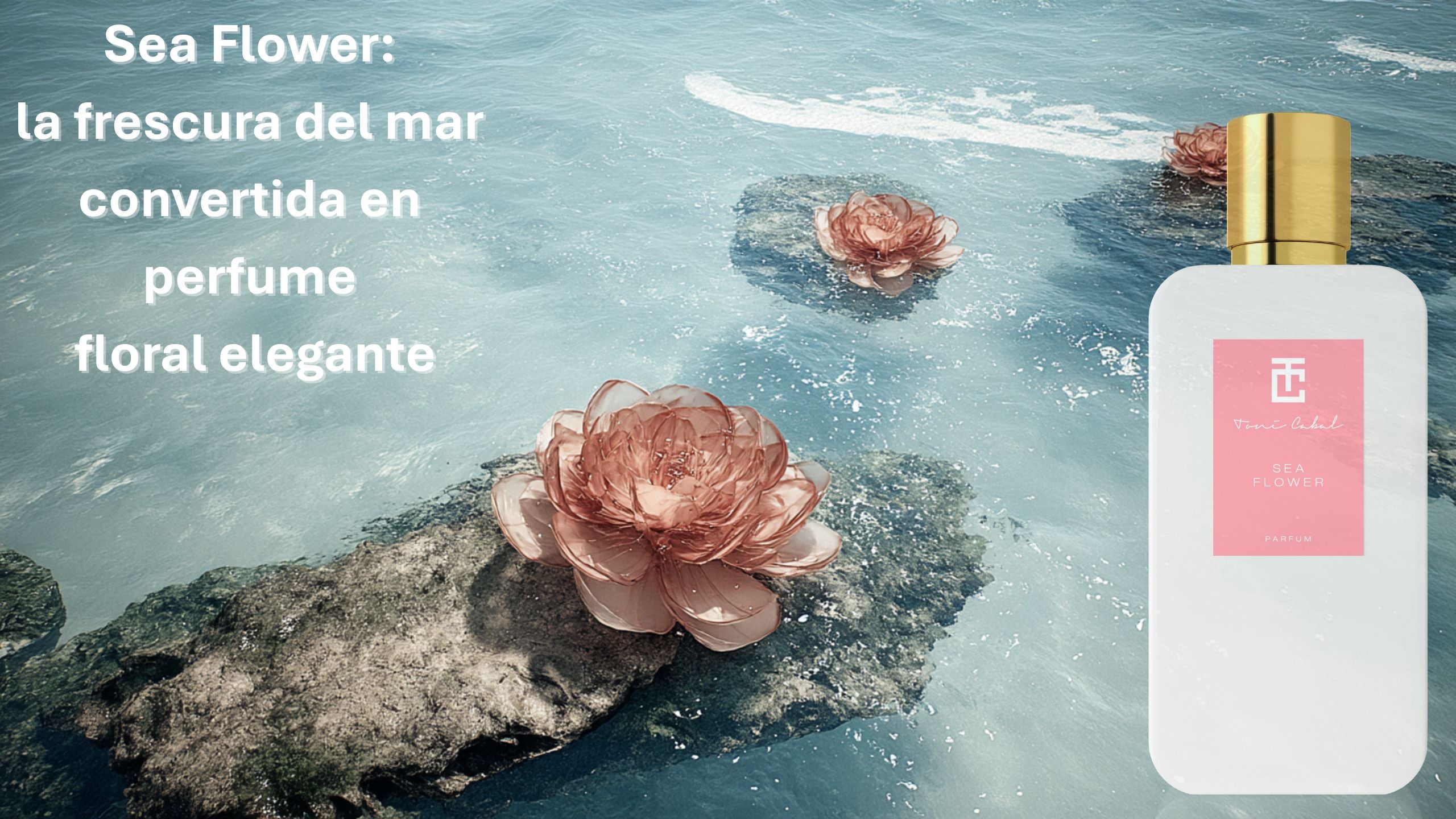Banner de perfume Sea Flower de Toni Cabal con flores marinas sobre aguas cristalinas, imagen elegante para tienda online