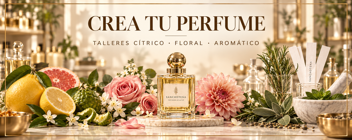 Talleres Crea tu perfume cítrico, floral y aromático en Perfumería Sanchotena, con ingredientes cítricos, flores y plantas aromáticas.