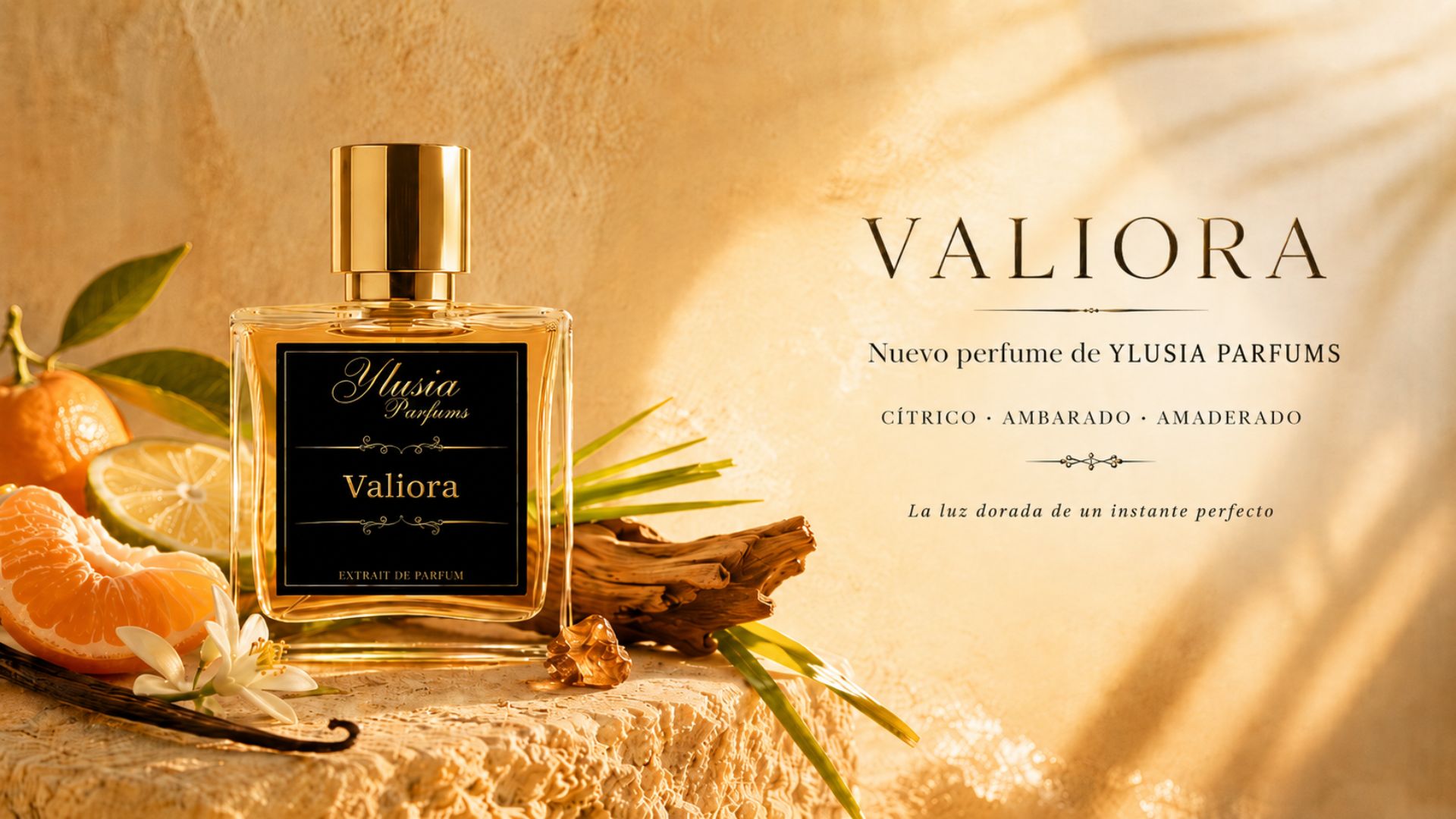 Valiora de Ylusia Parfums, perfume de autor cítrico, ambarado y amaderado con naranja, bergamota, vainilla, ámbar y cedro, en Perfumería Sanchotena.