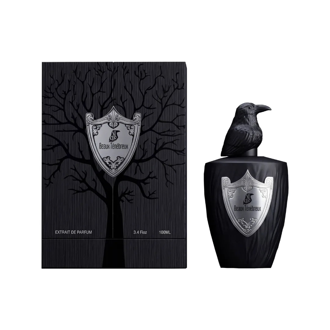 Beaux Ténébreux de El Nicho: frasco negro con tapón de cuervo y estuche con árbol grabado y escudo plateado, Extrait de Parfum 100 ml