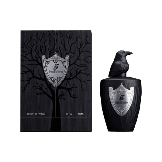 Beaux Ténébreux de El Nicho: frasco negro con tapón de cuervo y estuche con árbol grabado y escudo plateado, Extrait de Parfum 100 ml