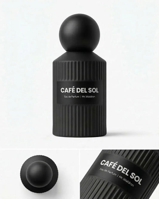 Frasco negro mate acanalado de Café del Sol, eau de parfum de Mr. Waldron, con tapón esférico y etiqueta negra de letras blancas