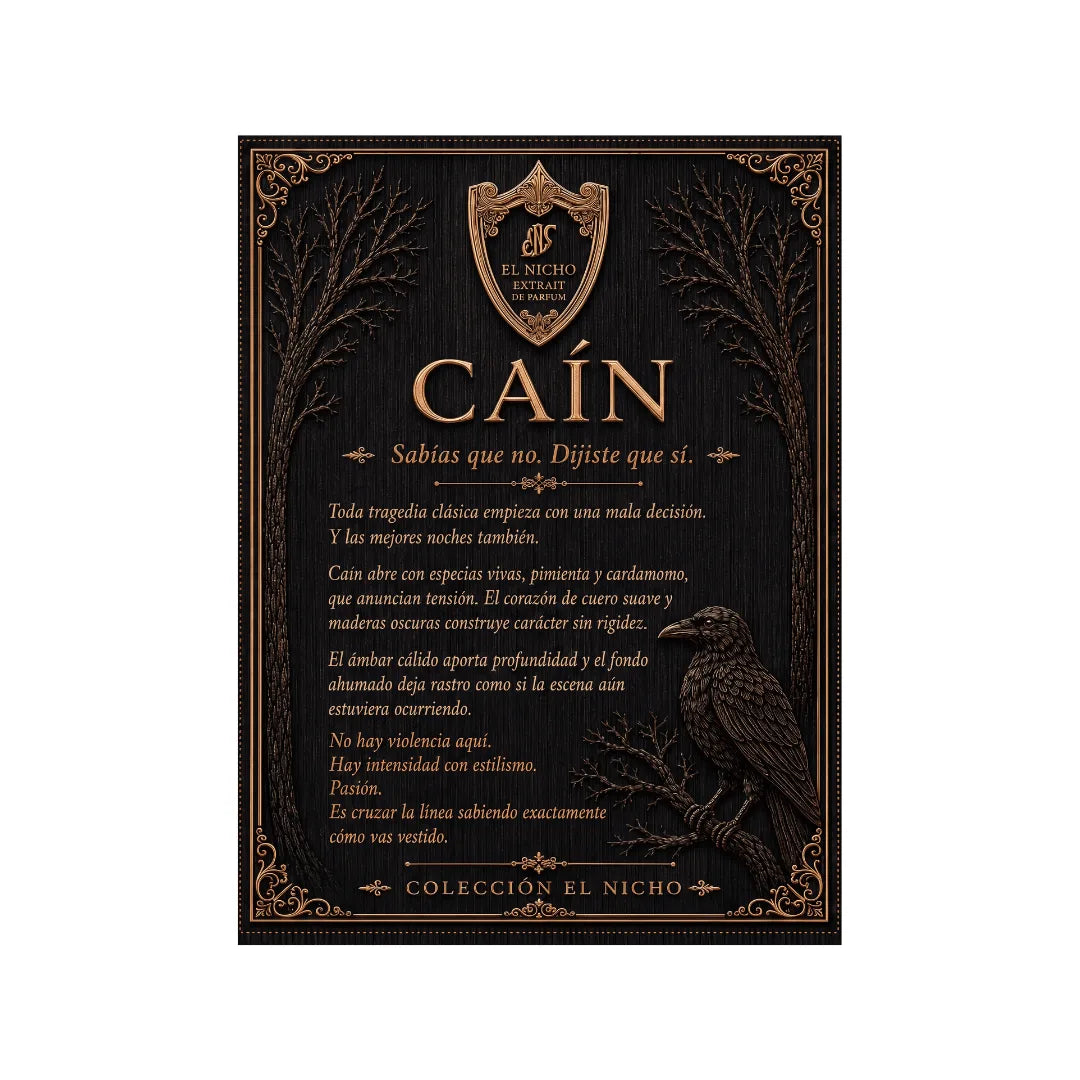 Ficha de Caín, Colección El Nicho: texto sobre fondo negro con cuervo y árboles en tonos cobre, con el lema Sabías que no. Dijiste que sí.