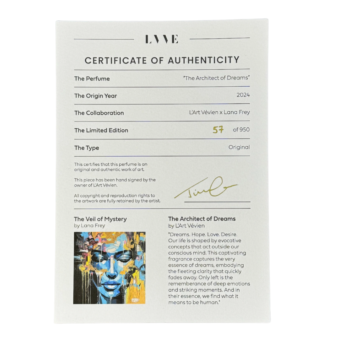 Certificado de autenticidad numerado del perfume The Architect of Dreams – L’Art Vévien. Colección exclusiva en Perfumería Sanchotena.