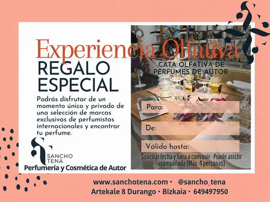 Tarjeta regalo de Experiencia Olfativa con cata privada de perfumes de autor en Perfumería Sanchotena, Durango, Bizkaia.