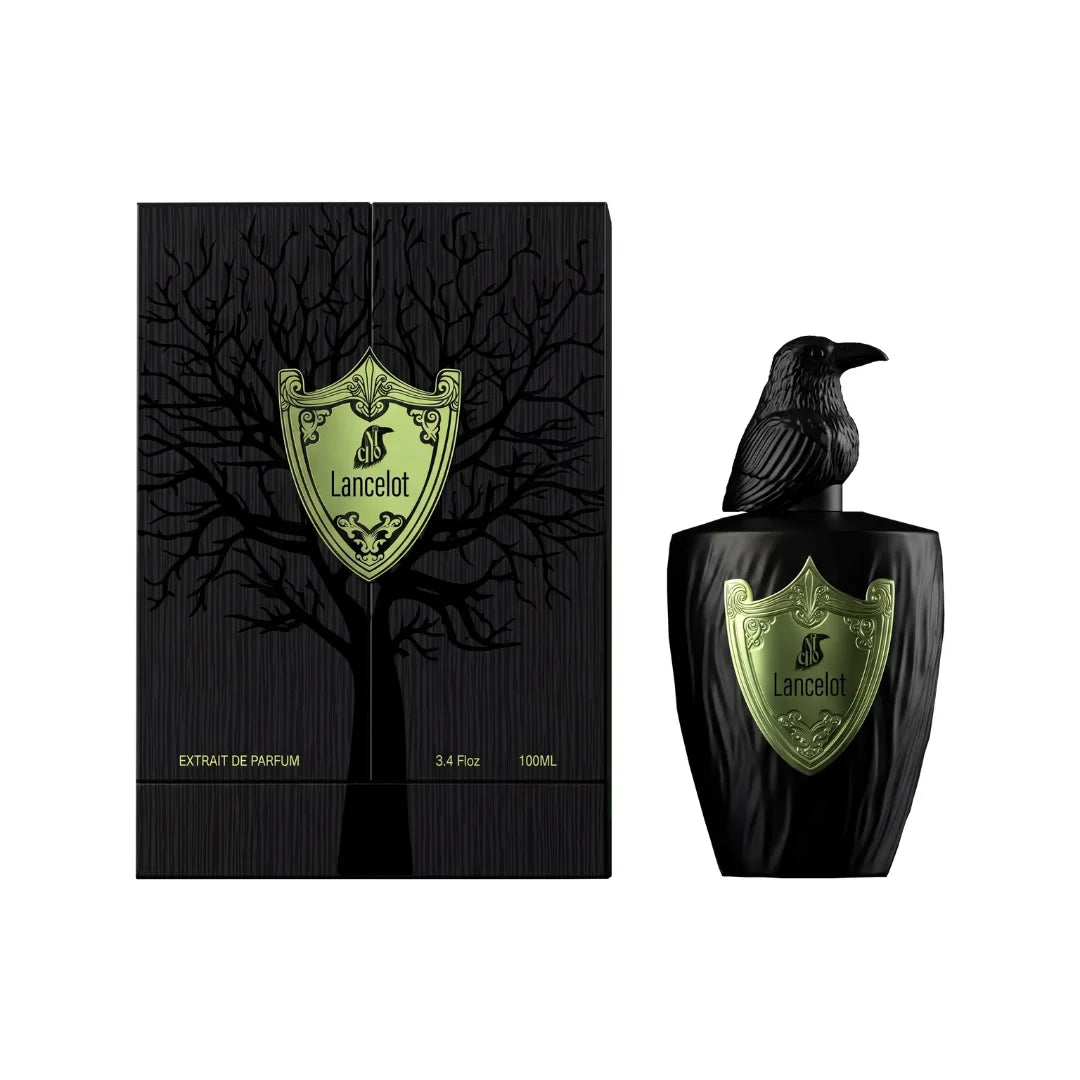 Lancelot de El Nicho: frasco negro con tapón de cuervo y estuche con árbol grabado y escudo verde, Extrait de Parfum 100 ml