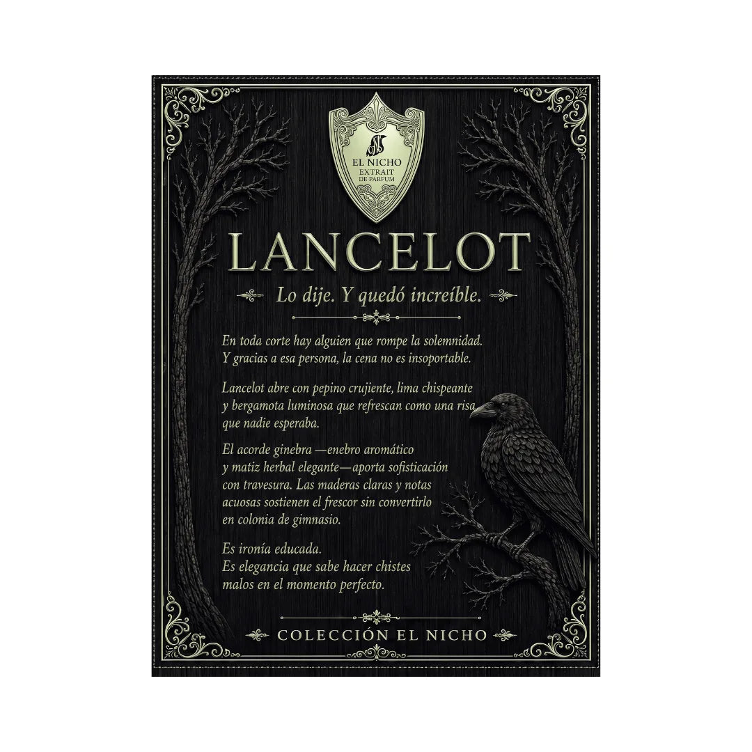 Ficha de Lancelot, Colección El Nicho: texto sobre fondo negro con cuervo y árboles en tonos verde dorado, con el lema Lo dije. Y quedó increíble.