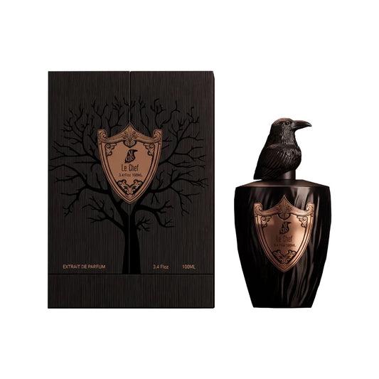 Le Chef de El Nicho: frasco marrón oscuro con tapón de cuervo y estuche con árbol grabado y escudo de bronce, Extrait de Parfum 100 ml