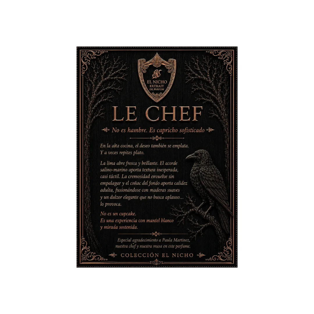 Ficha de Le Chef, Colección El Nicho: texto sobre fondo negro con cuervo y árboles en tonos cobre, con el lema No es hambre. Es capricho sofisticado.