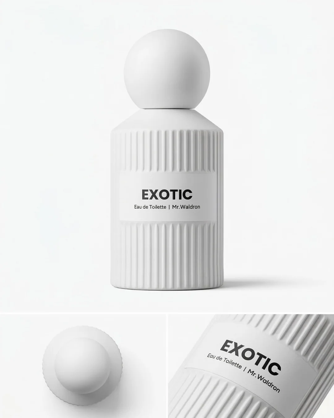 Perfume Exotic de Mr. Waldron en frasco blanco con diseño acanalado y tapón esférico sobre fondo blanco estilo minimalista