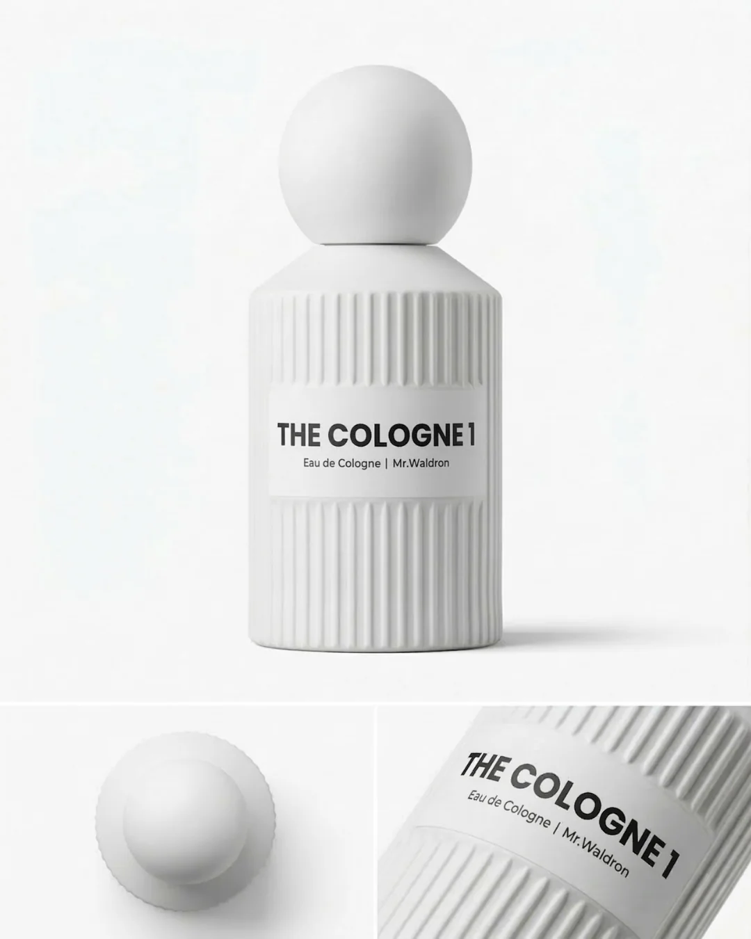 Frasco de perfume The Cologne 1 de Mr. Waldron diseño blanco minimalista con textura acanalada y tapón redondo sobre fondo blanco
