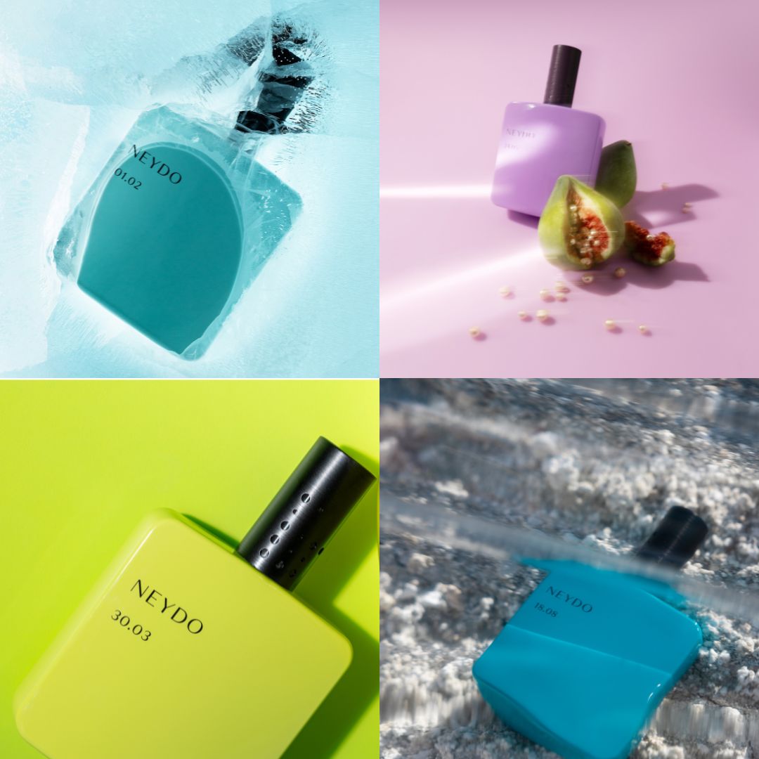 Perfumes NEYDO de autor en frascos de colores, inspirados en sensaciones y elementos naturales como hielo, higos, agua y tonos vibrantes, fotografía artística de alta calidad