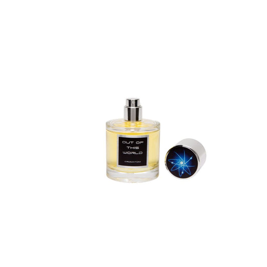 Perfume Out of This World de Aromatóm, aroma cósmico y futurista con frasco elegante.