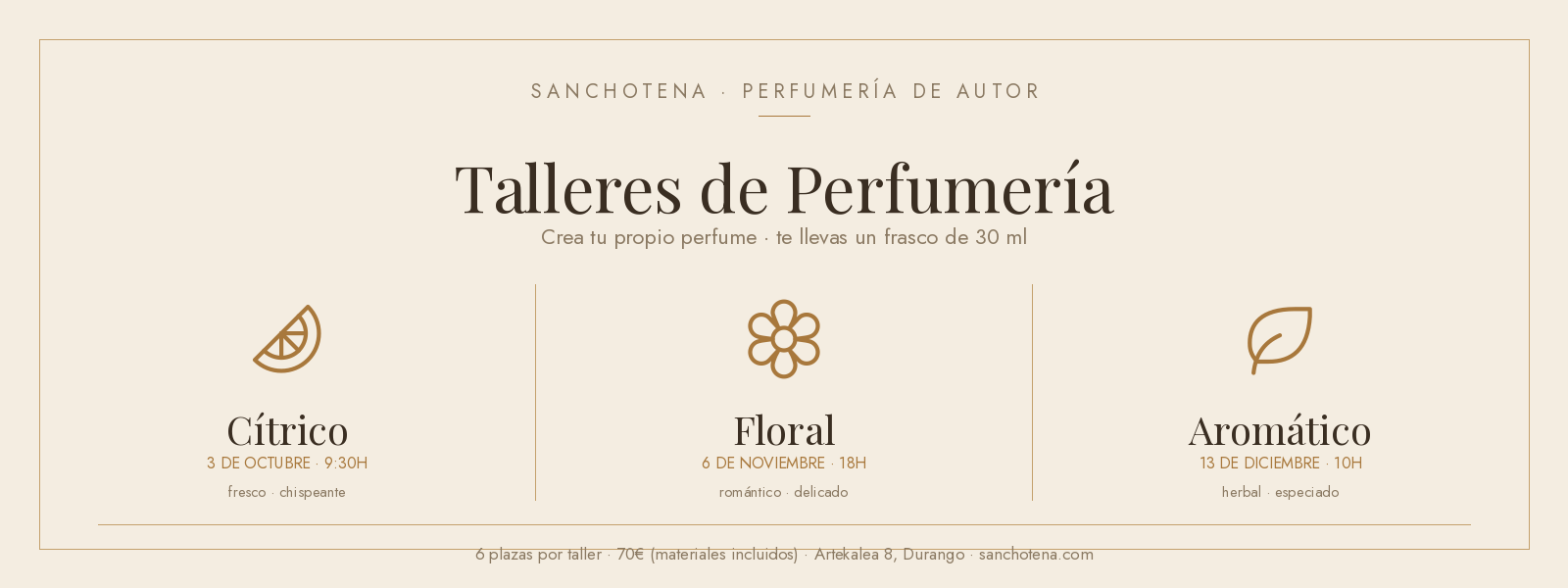 Banner de Sanchotena Perfumería de Autor anunciando tres talleres de perfumería — cítrico el 3 de octubre, floral el 6 de noviembre y aromático el 13 de diciembre — en Durango
