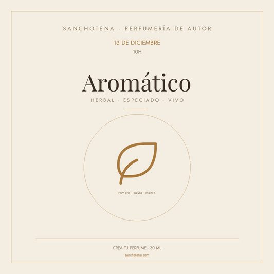 Taller de perfumería familia aromática del 13 de diciembre a las 10h en Perfumería Sanchotena, con ilustración de una hoja