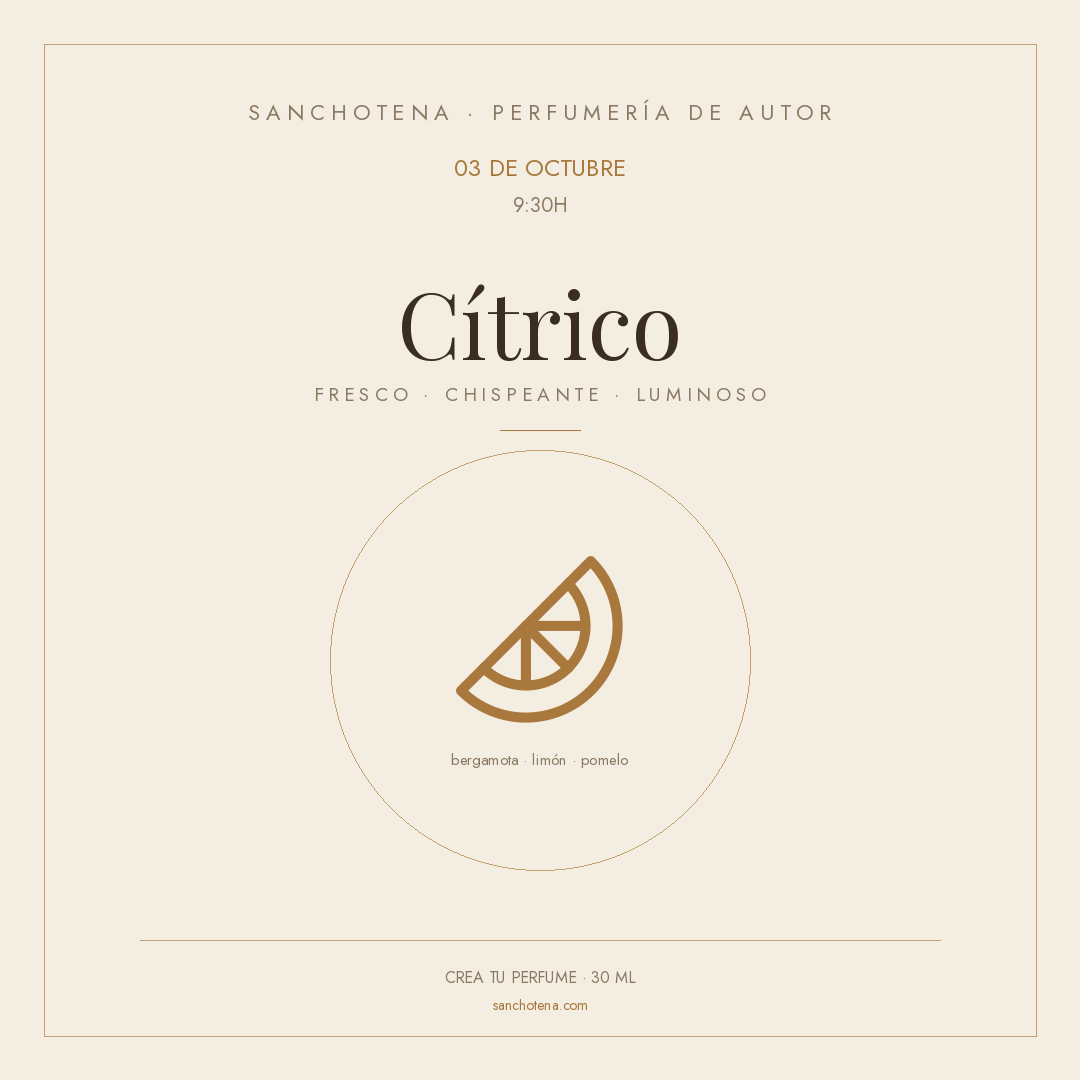 Taller de perfumería familia cítrica del 3 de octubre a las 9:30h en Perfumería Sanchotena, con ilustración de un gajo de cítrico
