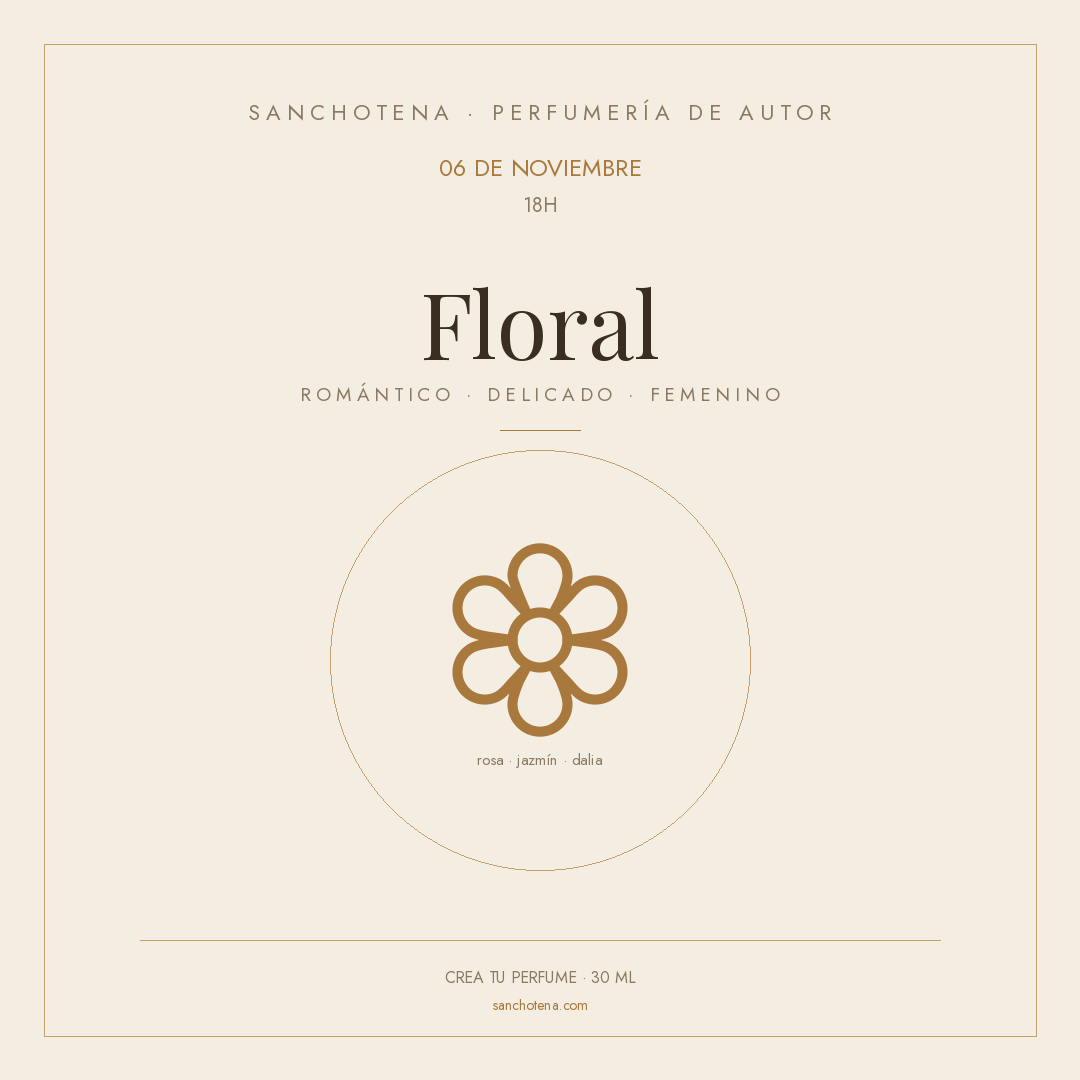 Taller de perfumería familia floral del 6 de noviembre a las 18h en Perfumería Sanchotena, con ilustración de una flor