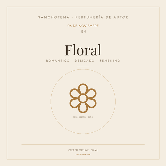 Taller de perfumería familia floral del 6 de noviembre a las 18h en Perfumería Sanchotena, con ilustración de una flor