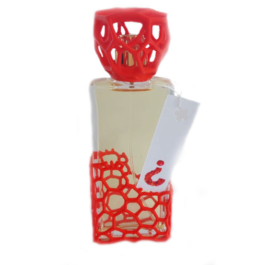 Frasco del nuevo perfume signo de interrogación de Sid Martens, especiado gourmand, aroma cálido con diseño rojo.