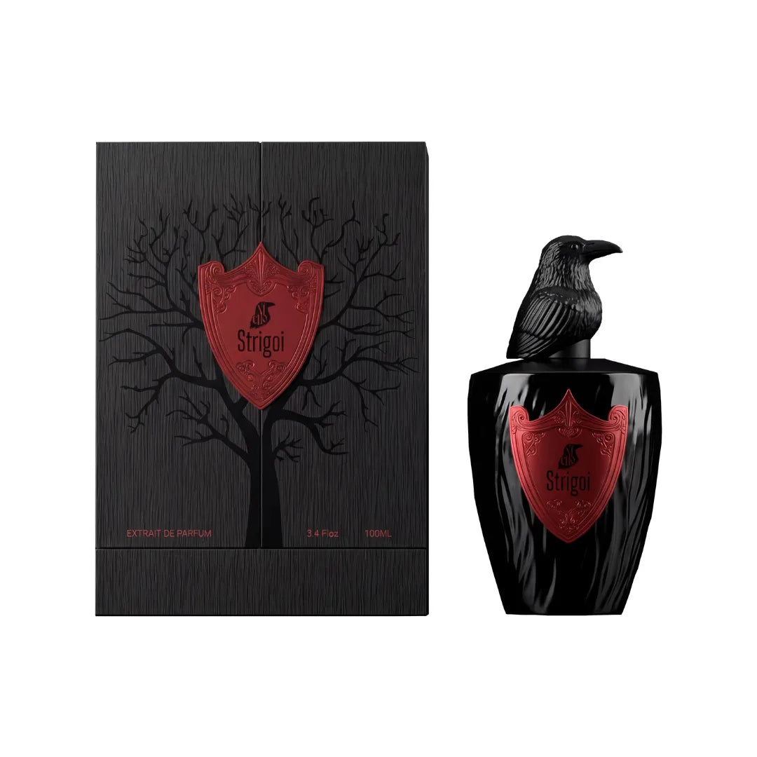 Strigoi de El Nicho: frasco negro brillante con tapón de cuervo y estuche con árbol grabado y escudo rojo, Extrait de Parfum 100 ml