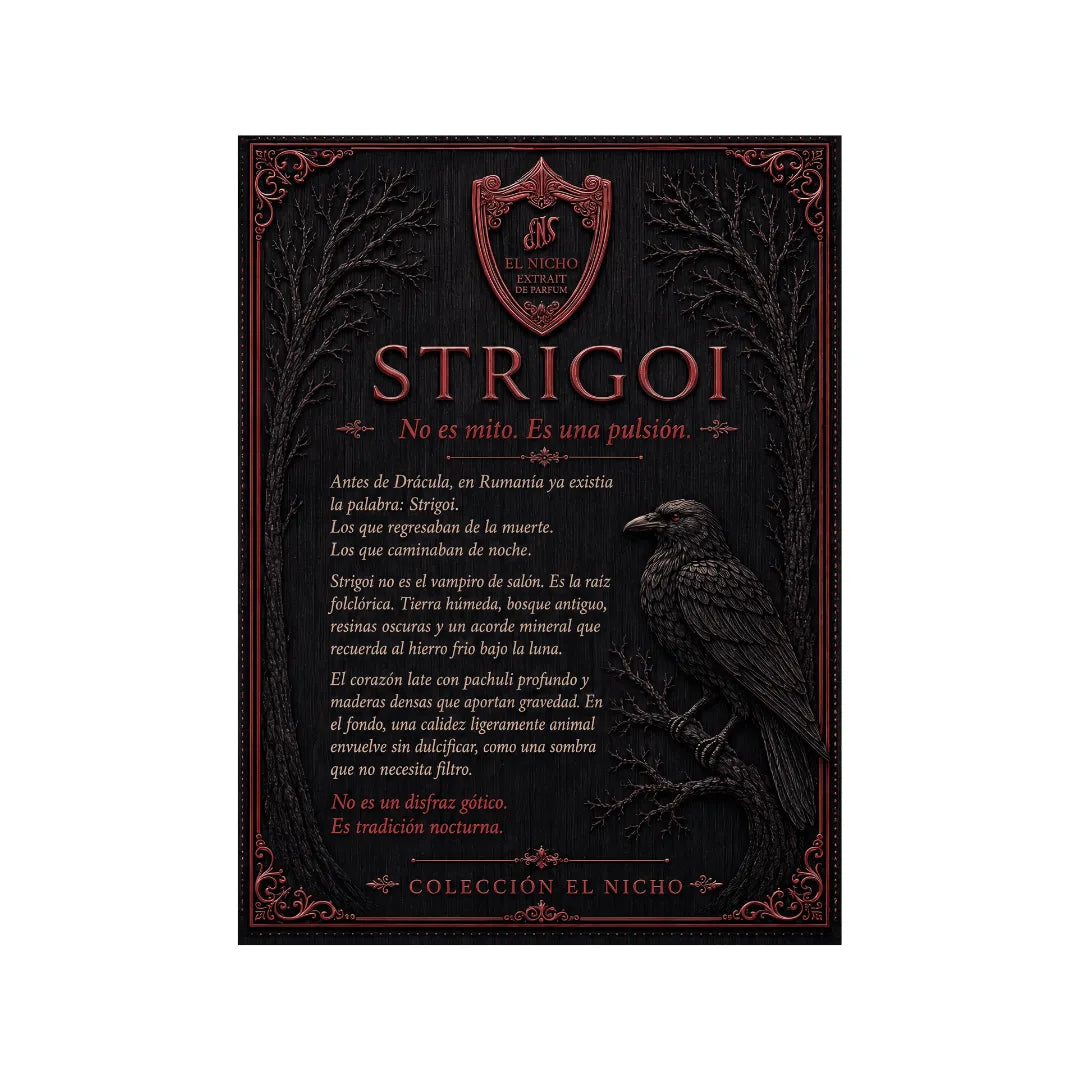Ficha de Strigoi, Colección El Nicho: texto sobre fondo negro con cuervo y árboles en tonos rojos, con el lema No es mito. Es una pulsión.