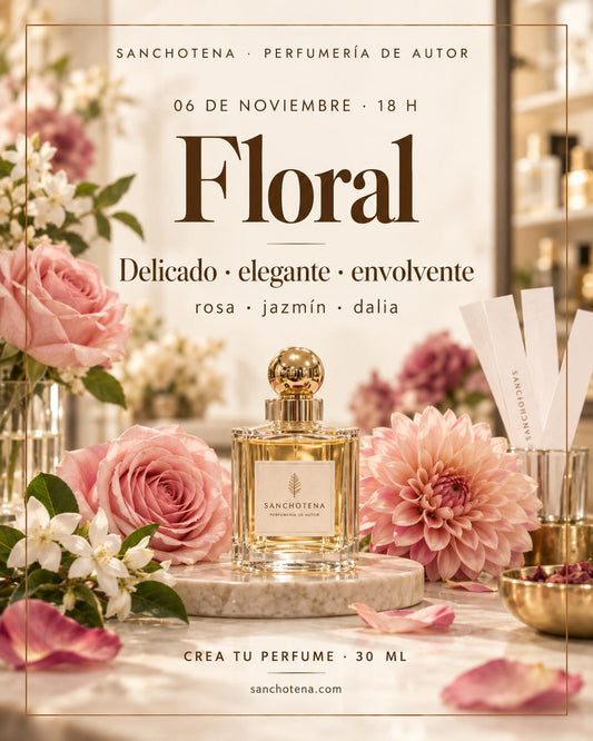 Taller Crea tu perfume floral en Perfumería Sanchotena, con rosa, jazmín y dalia. 6 de noviembre a las 18:00 h.