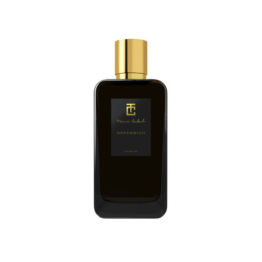 Perfume Toni Cabal Greenwich Parfum en frasco negro con tapón dorado sobre fondo claro minimalista.