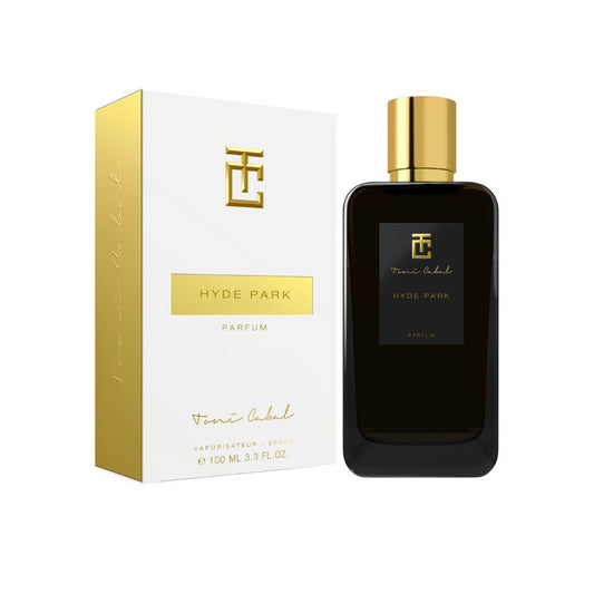 Caja y frasco del perfume Toni Cabal Hyde Park Parfum con presentación de lujo en tonos negro, blanco y dorado.