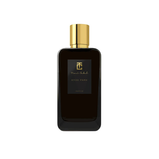 Perfume Toni Cabal Hyde Park Parfum en frasco negro elegante con tapón dorado y diseño minimalista.